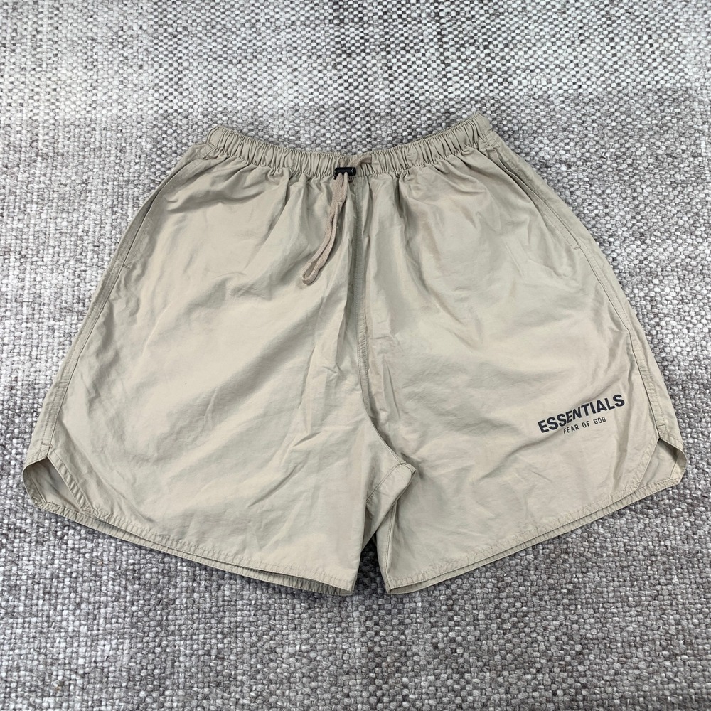 Fear of God Essentials Volley Shorts Mens Size L Tan Khaki Nylon Cotton Blend